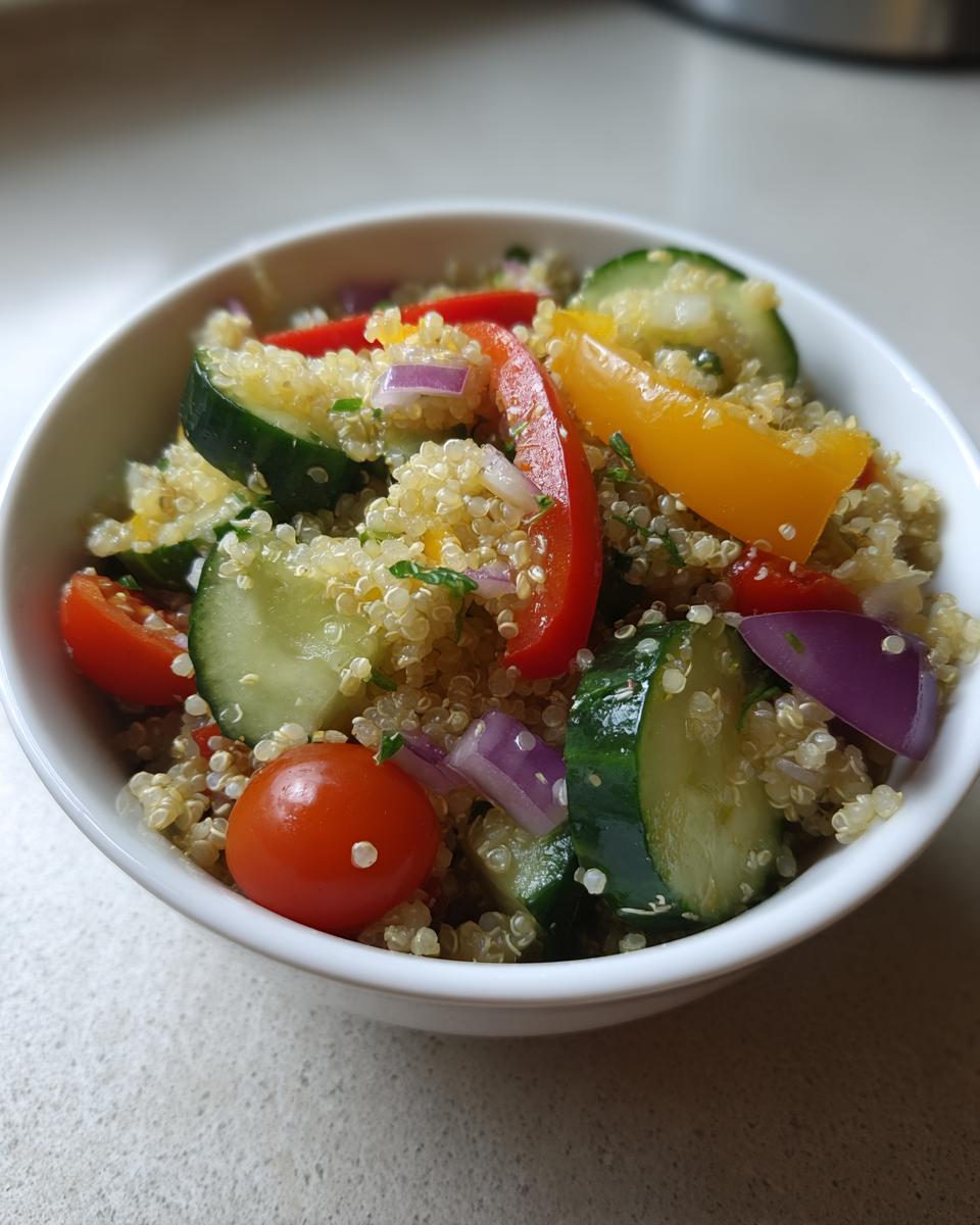 Ensalada de quinoa con pepino, tomate cherry, pimiento y cebolla roja en un bol blanco