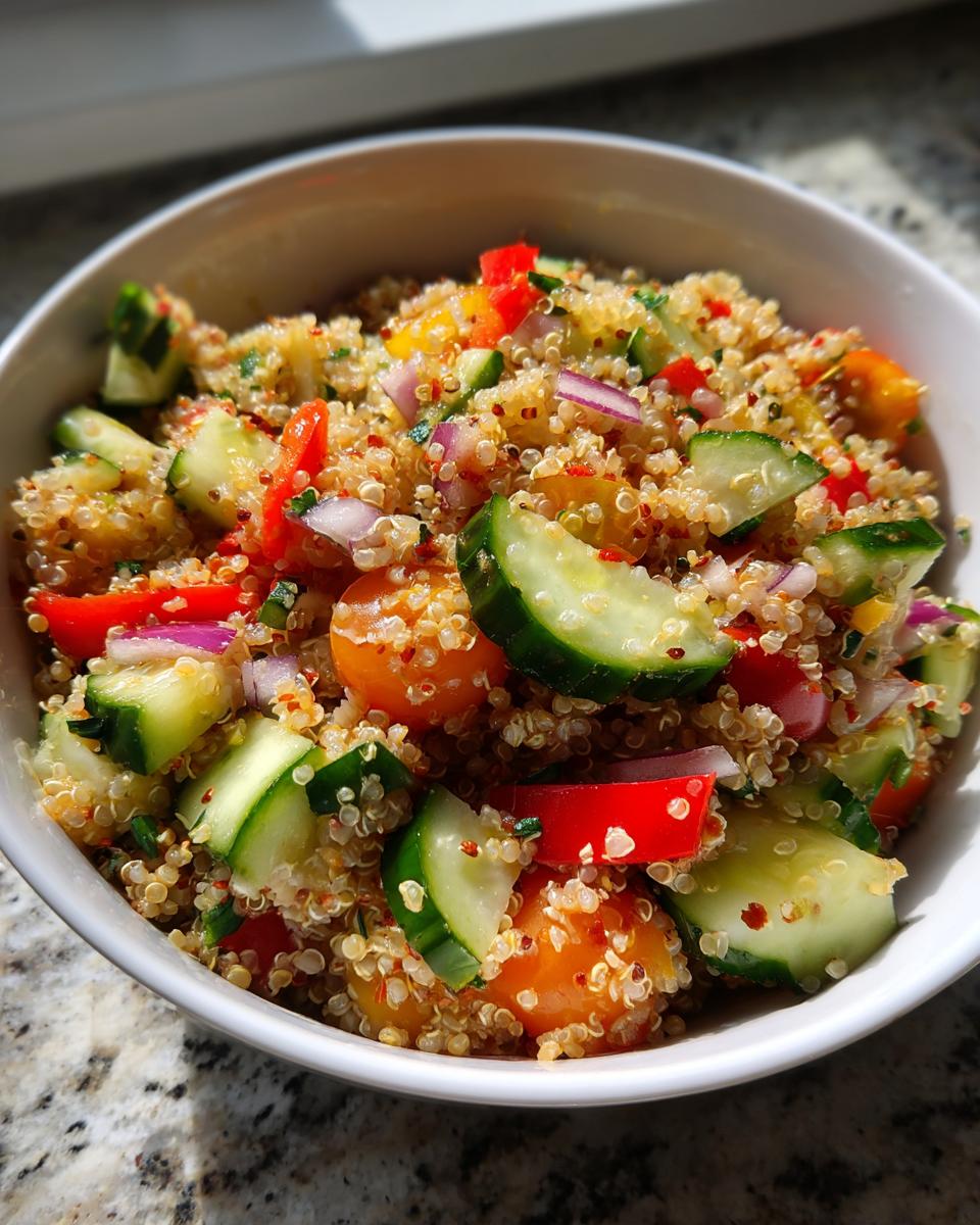 Ensalada de quinoa con pepino, tomate, cebolla y pimiento en un bol blanco.