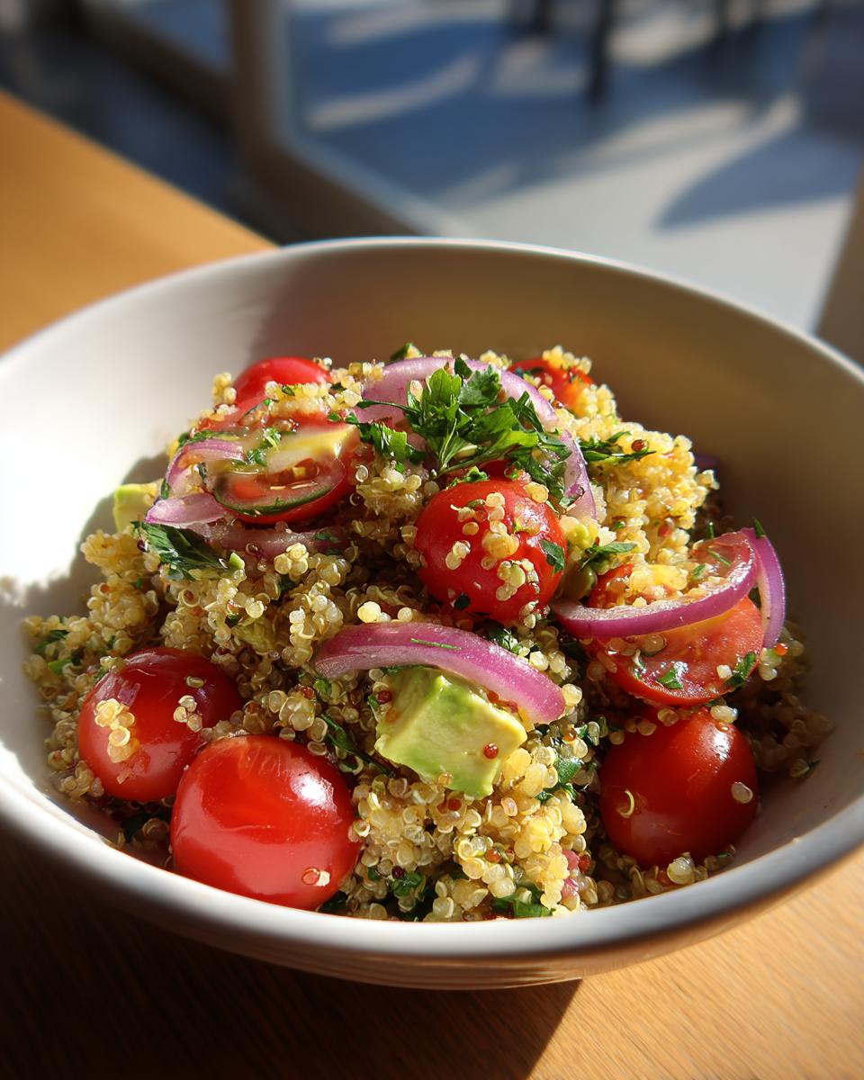 Ensalada de quinoa con tomates cherry, aguacate, cebolla morada y perejil en un bol blanco