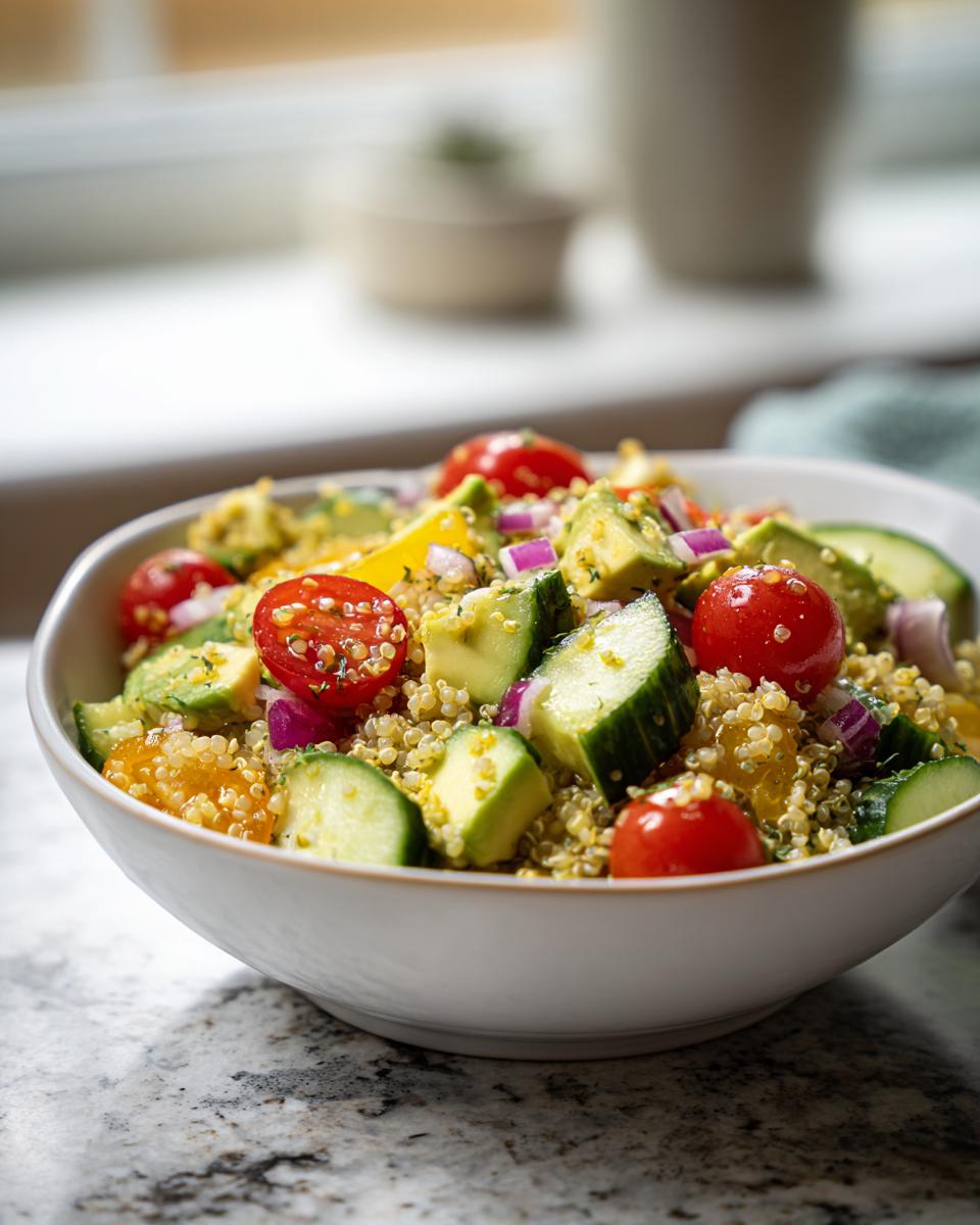 Ensalada con quinoa, tomate cherry, pepino, aguacate y cebolla morada en un tazón blanco