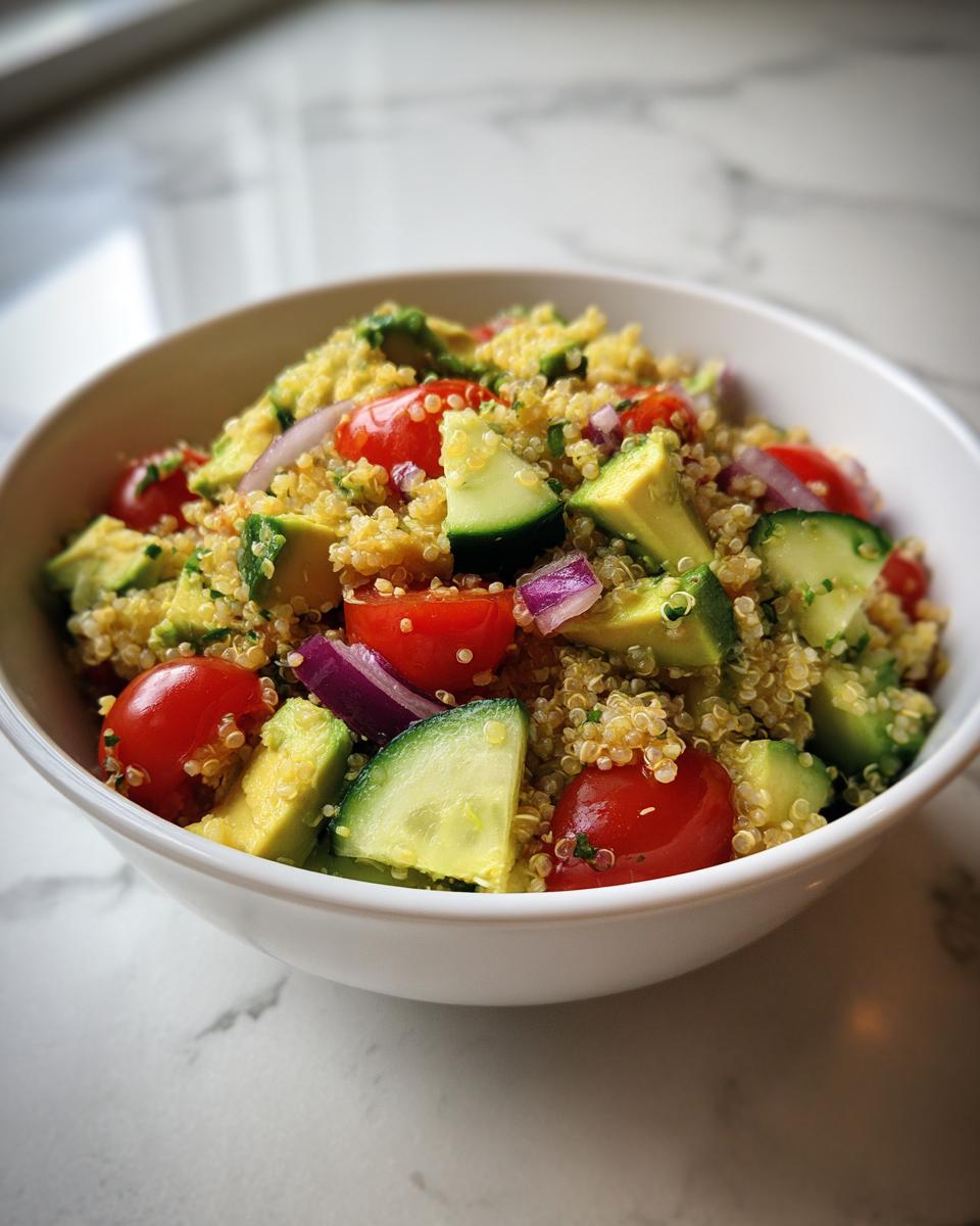 Ensalada de quinoa con tomate cherry, aguacate, pepino y cebolla morada en un bol blanco