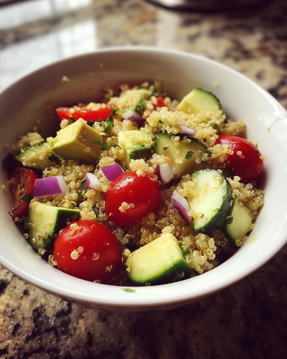 Ensalada fría de quinoa con tomate cherry, aguacate, pepino y cebolla morada en un bol blanco