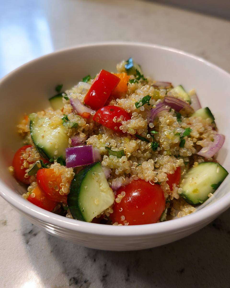 Ensalada de quinoa con tomate cherry, pepino, cebolla morada y perejil en un bol blanco