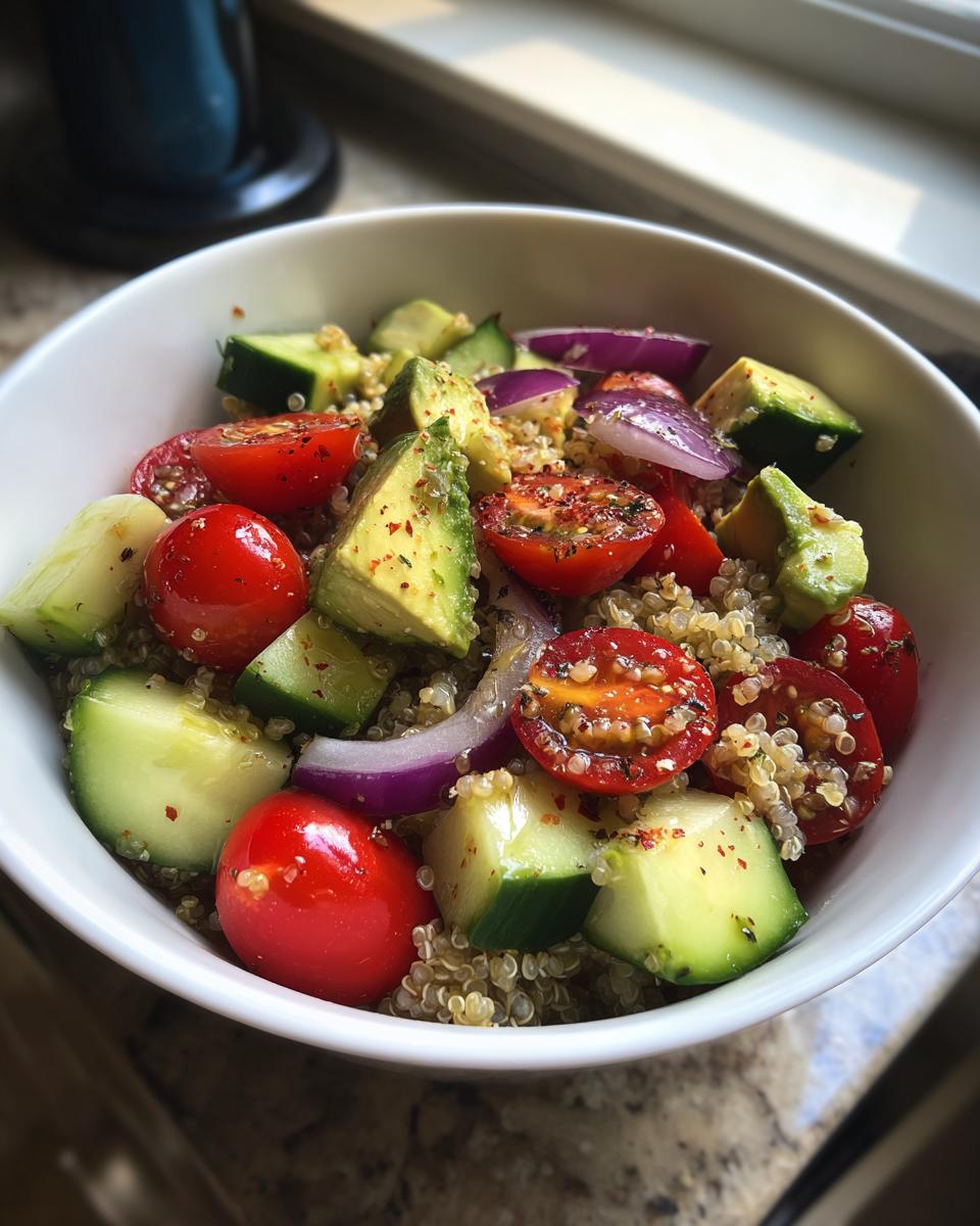 Ensalada fresca con quinoa, tomate cherry, aguacate, pepino y cebolla morada