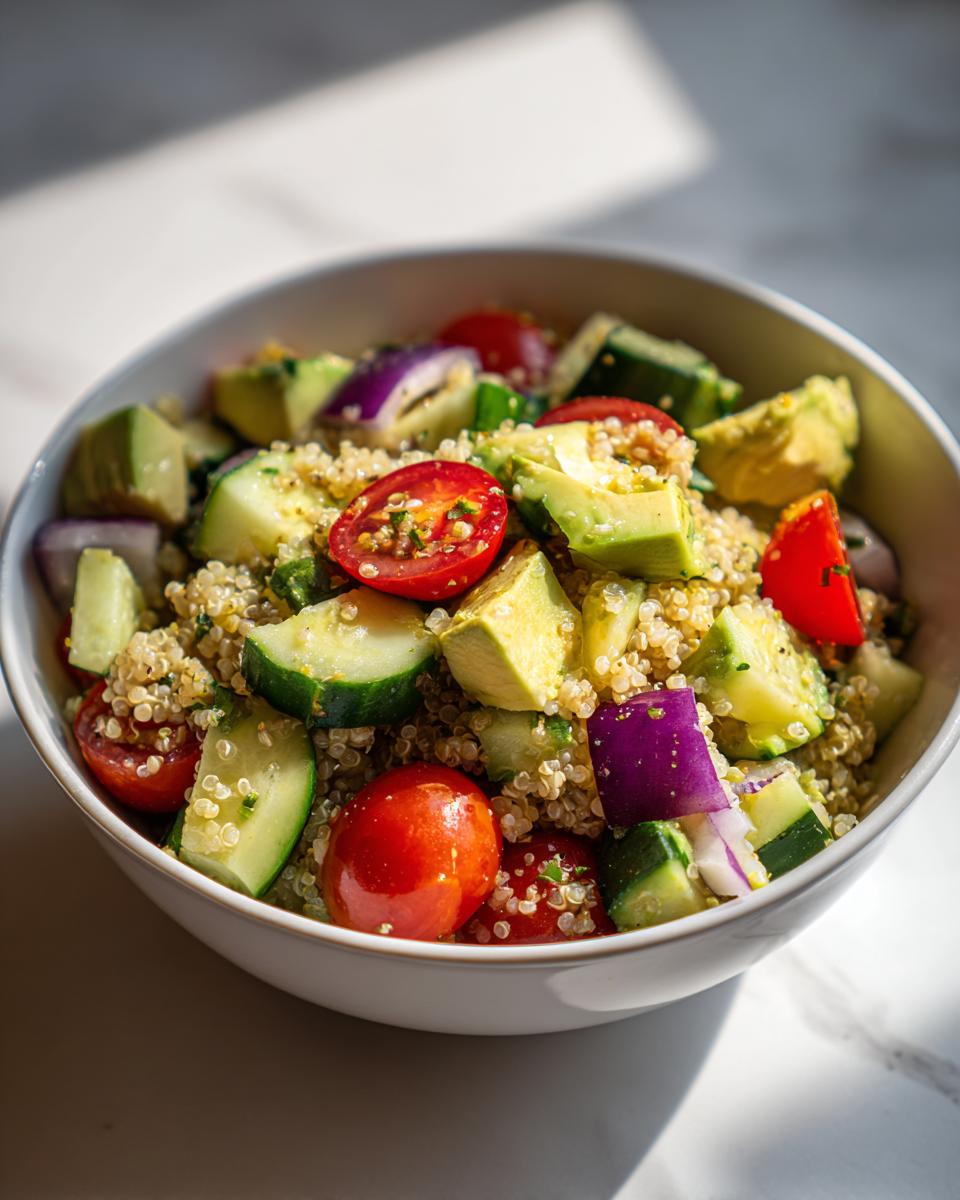 Ensalada fresca con quinoa, tomate cherry, aguacate, pepino y cebolla morada en un bol blanco
