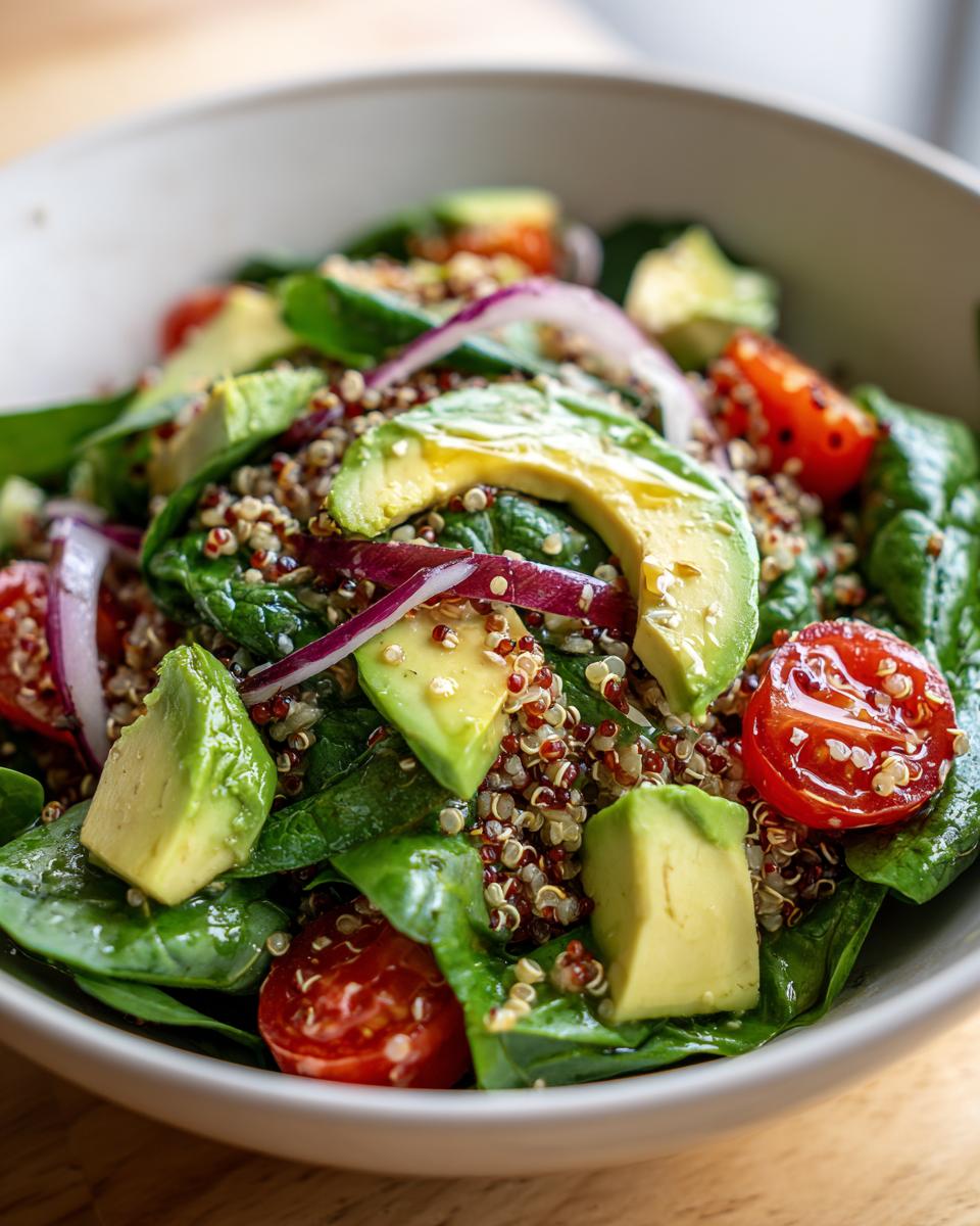 Ensalada saludable con aguacate, quinoa, espinacas, tomate cherry y cebolla morada en un bol blanco