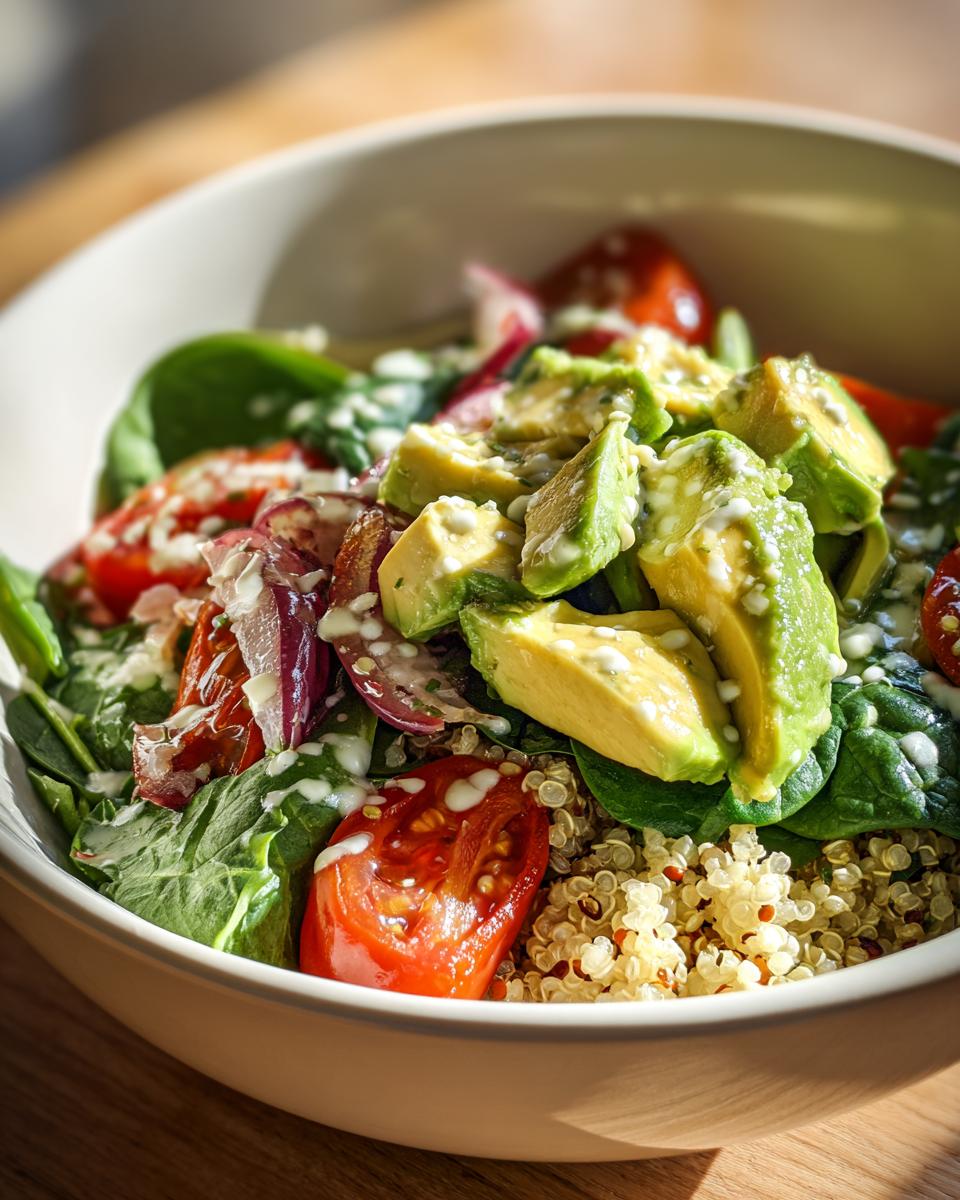 Ensalada saludable con aguacate, tomate, espinacas y quinoa en un bol blanco