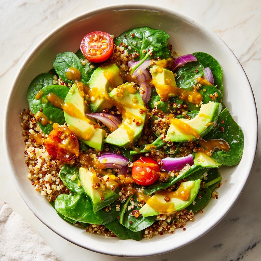 Ensalada saludable con quinoa, aguacate, espinacas, tomate cherry y cebolla morada con aderezo.