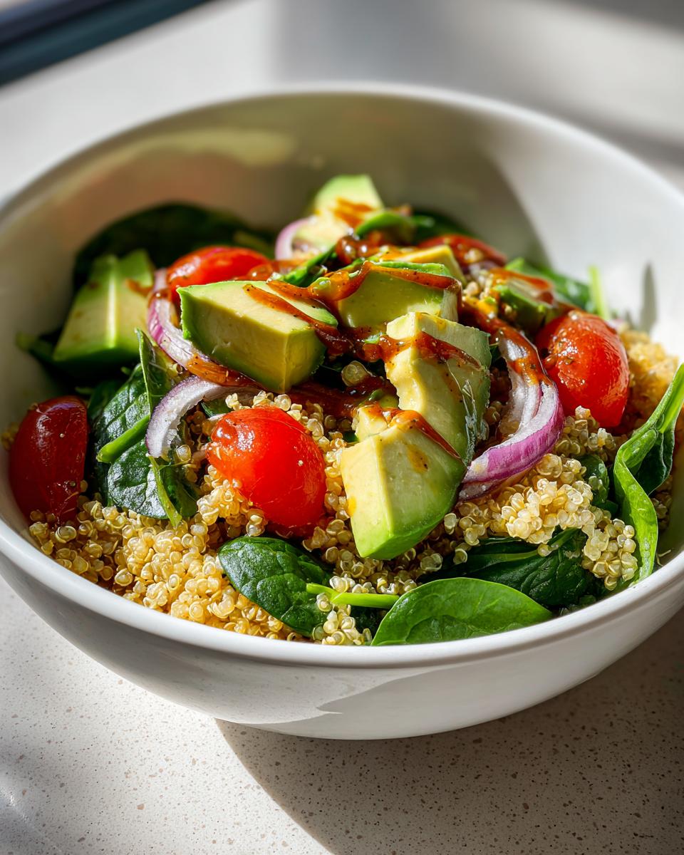 Ensalada saludable con quinoa, aguacate, tomate cherry, espinacas y cebolla morada en un bol blanco