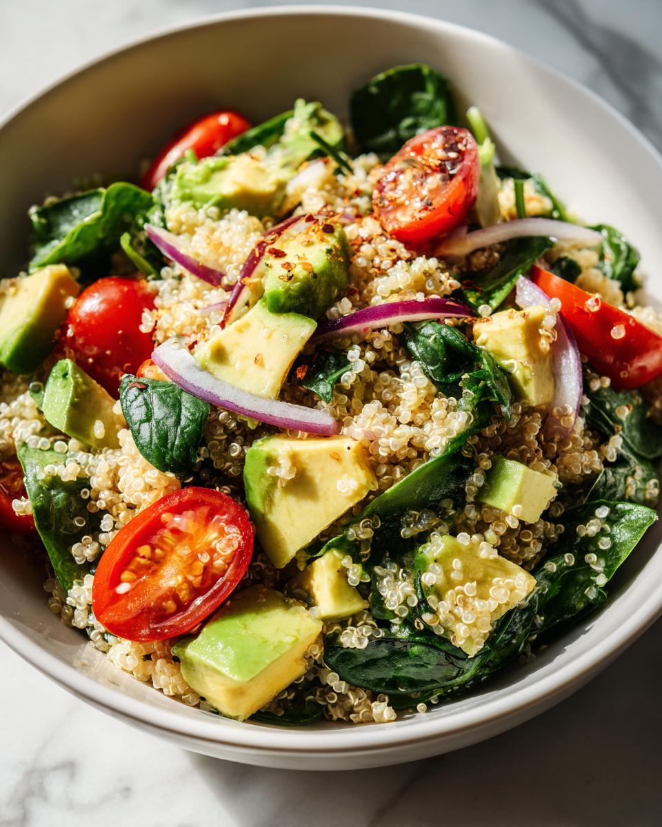 Ensalada saludable con quinoa, aguacate, tomate cherry, espinacas y cebolla morada en un bol blanco