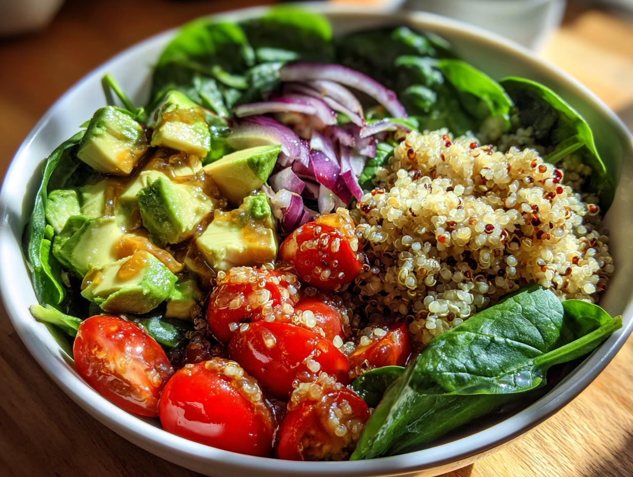 Ensalada saludable con quinoa, aguacate, tomate cherry, espinaca y cebolla morada en un bol blanco