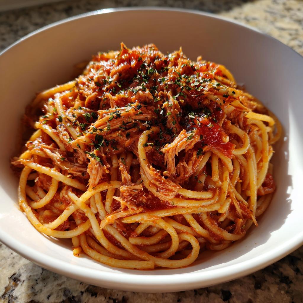 Plato de espaguetis con salsa roja y carne deshebrada, decorado con hierbas secas.