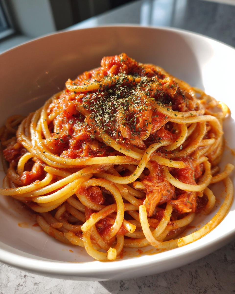 Plato de espaguetis con salsa de tomate y hierbas frescas en un bol blanco