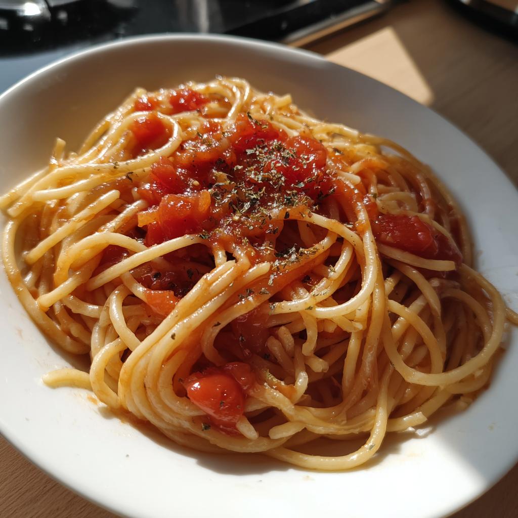 Plato de espaguetis con salsa de tomate y especias, receta para principiantes en la cocina