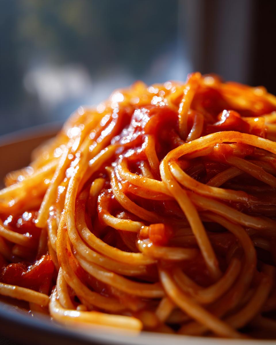 Plato de espaguetis con salsa de tomate rojo brillante, ideal para recetas para principiantes en la cocina