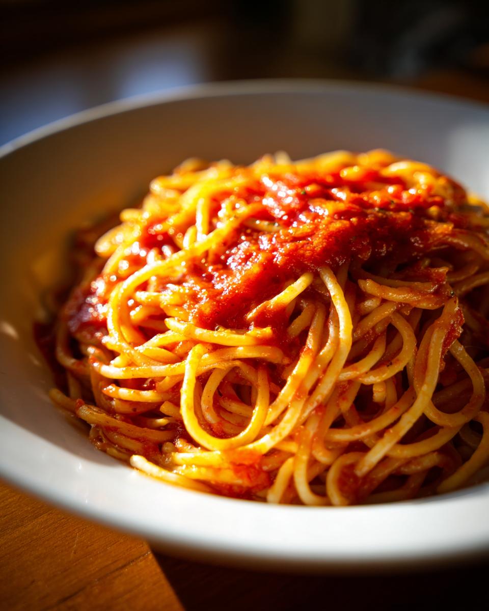 Plato blanco con espaguetis cubiertos de salsa de tomate rojo brillante.