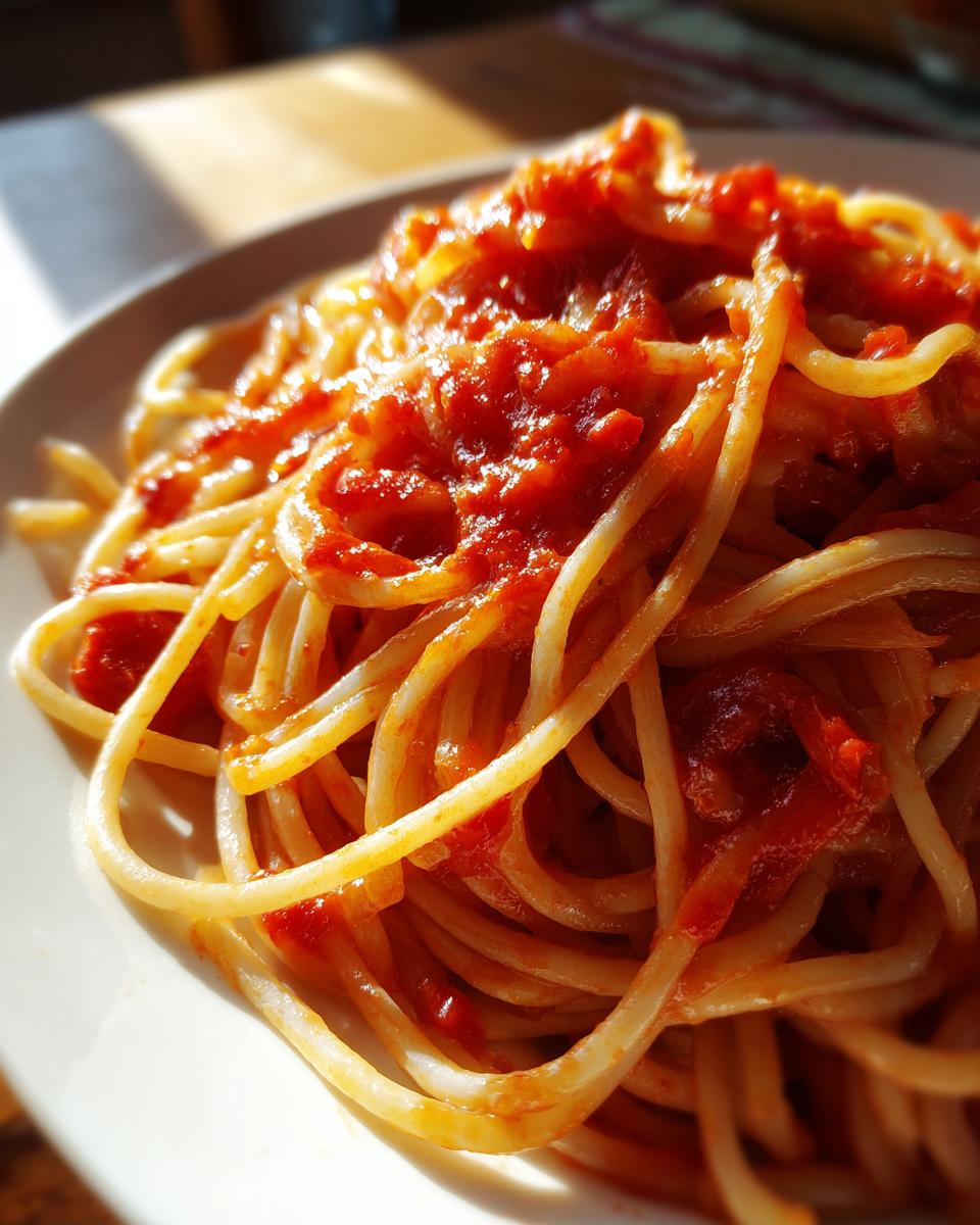 Plato de espaguetis con salsa de tomate rojo, ideal para recetas para principiantes en la cocina