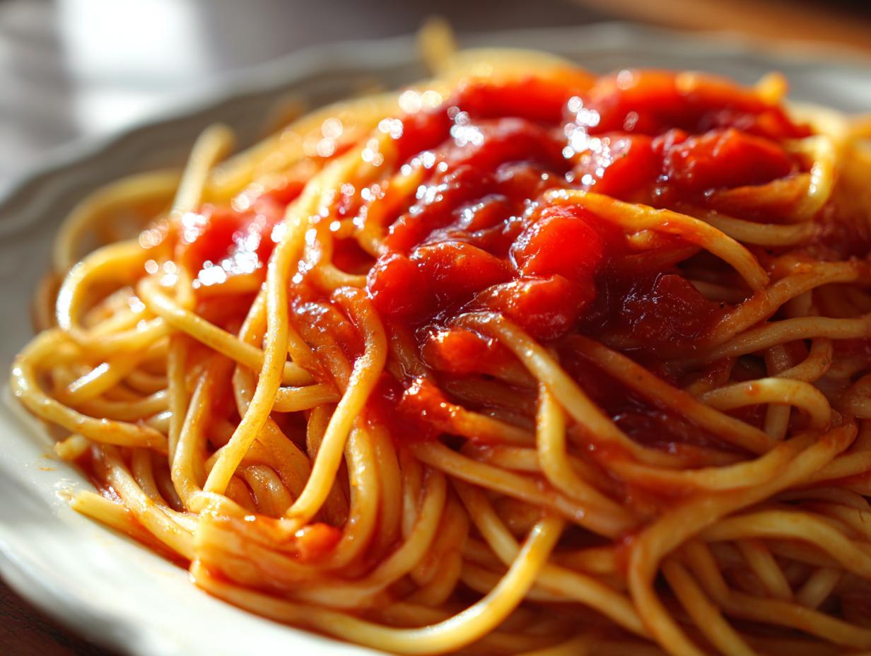 Plato de espaguetis con salsa de tomate rojo, ideal para recetas para principiantes en la cocina.