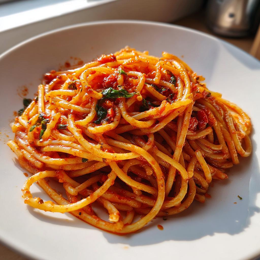 Plato de espaguetis con salsa de tomate y hierbas frescas, ideal para recetas para dos personas.