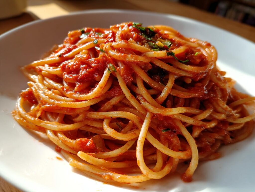 Plato de espaguetis con salsa de tomate y hierbas frescas, ideal para recetas para dos personas