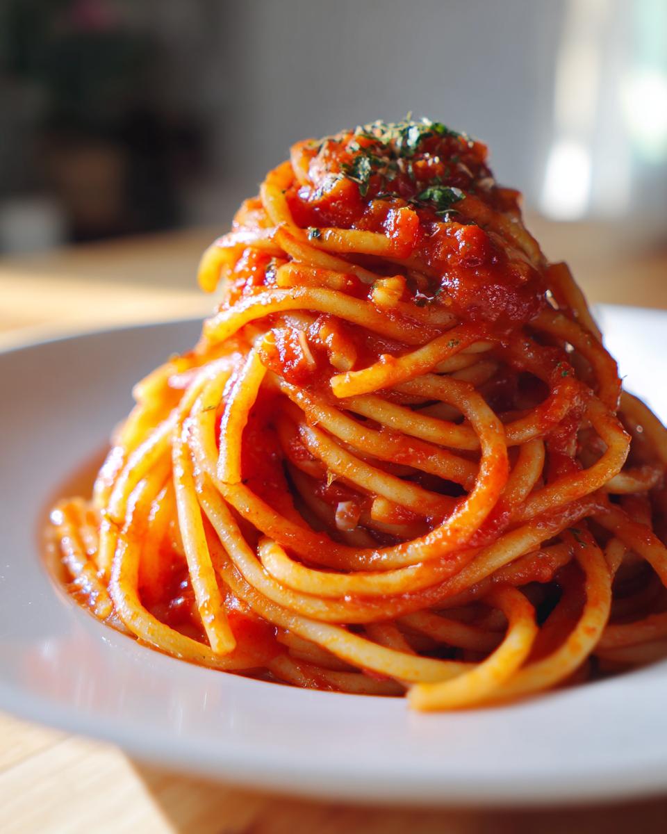 Espaguetis con salsa de tomate y hierbas en un plato blanco, receta para dos personas