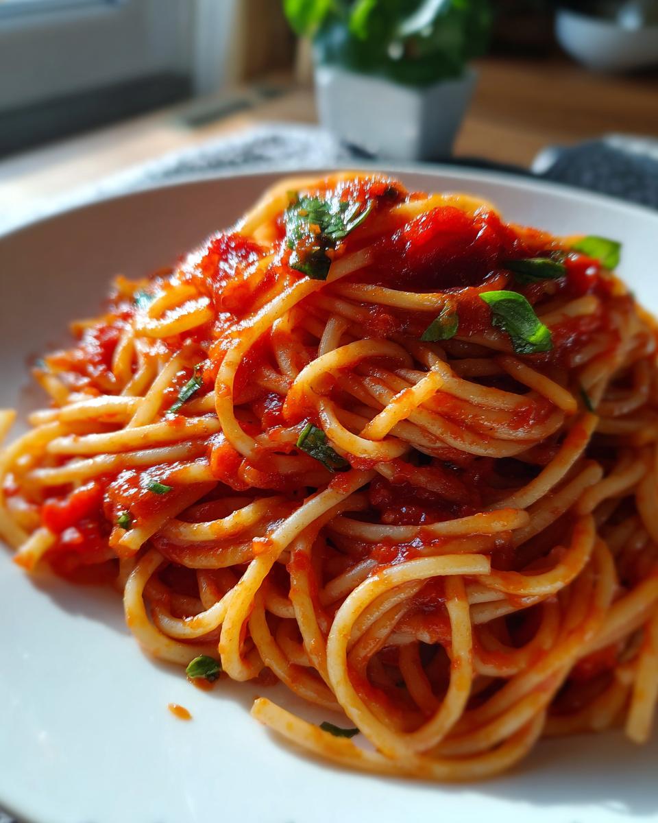 Plato de espaguetis con salsa de tomate y hierbas frescas, ideal para recetas para dos personas