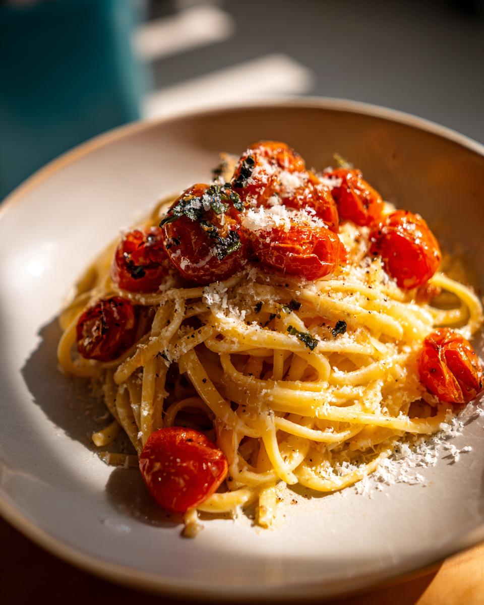 Plato de espaguetis con tomates cherry asados y queso rallado encima