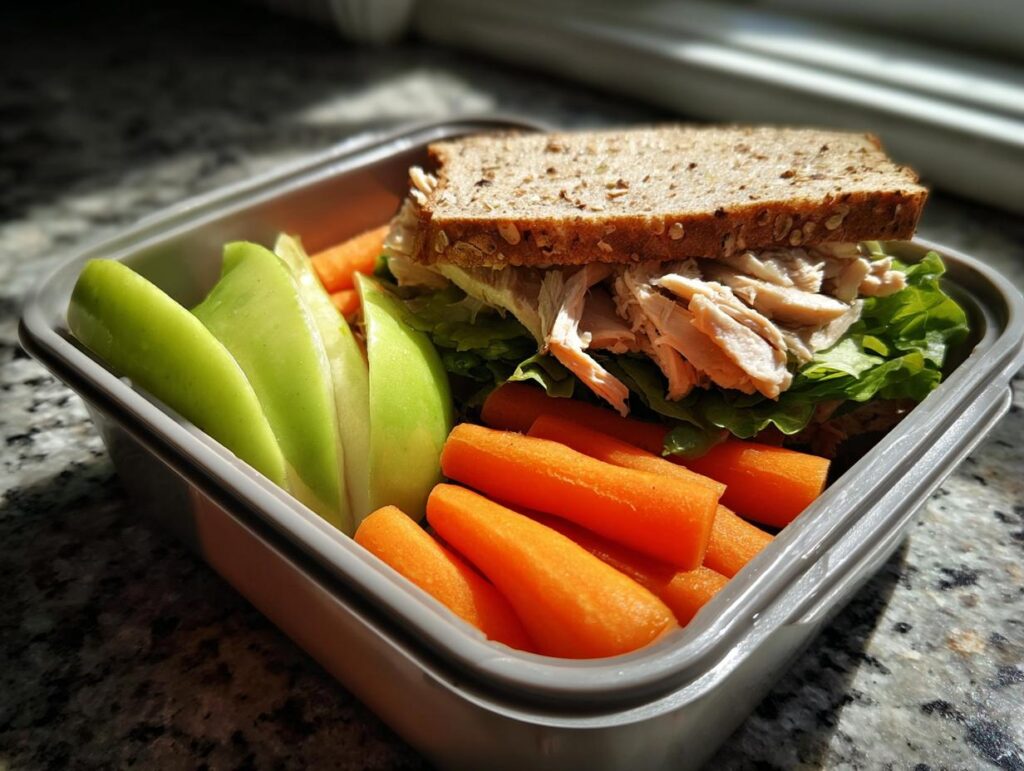 Fiambrera con sándwich de pollo, lechuga, zanahorias baby y rodajas de manzana verde