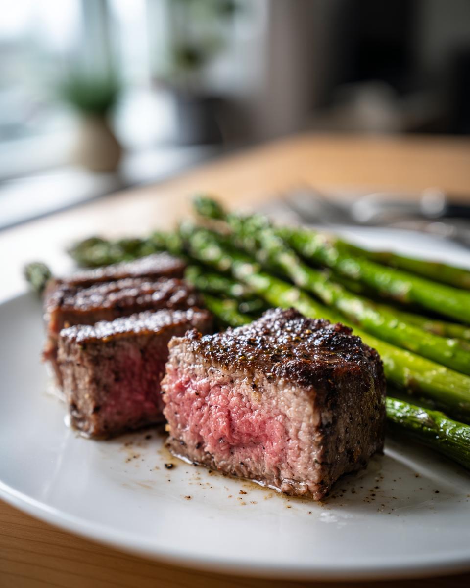 Filete jugoso a término medio acompañado de espárragos verdes en un plato blanco, ideal para recetas de san valentin para dos.