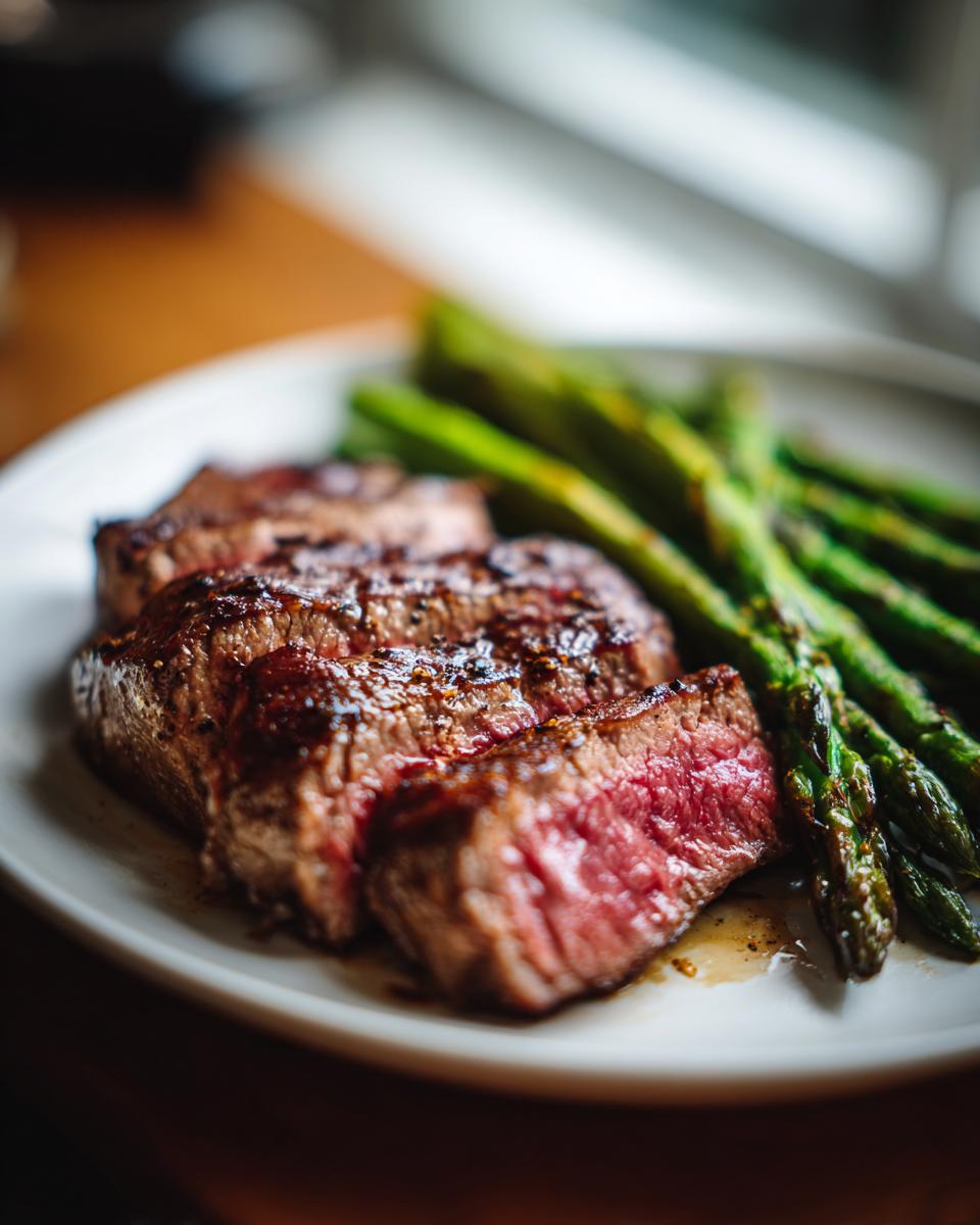 Filete jugoso a la parrilla acompañado de espárragos verdes en un plato blanco, recetas de san valentin para dos