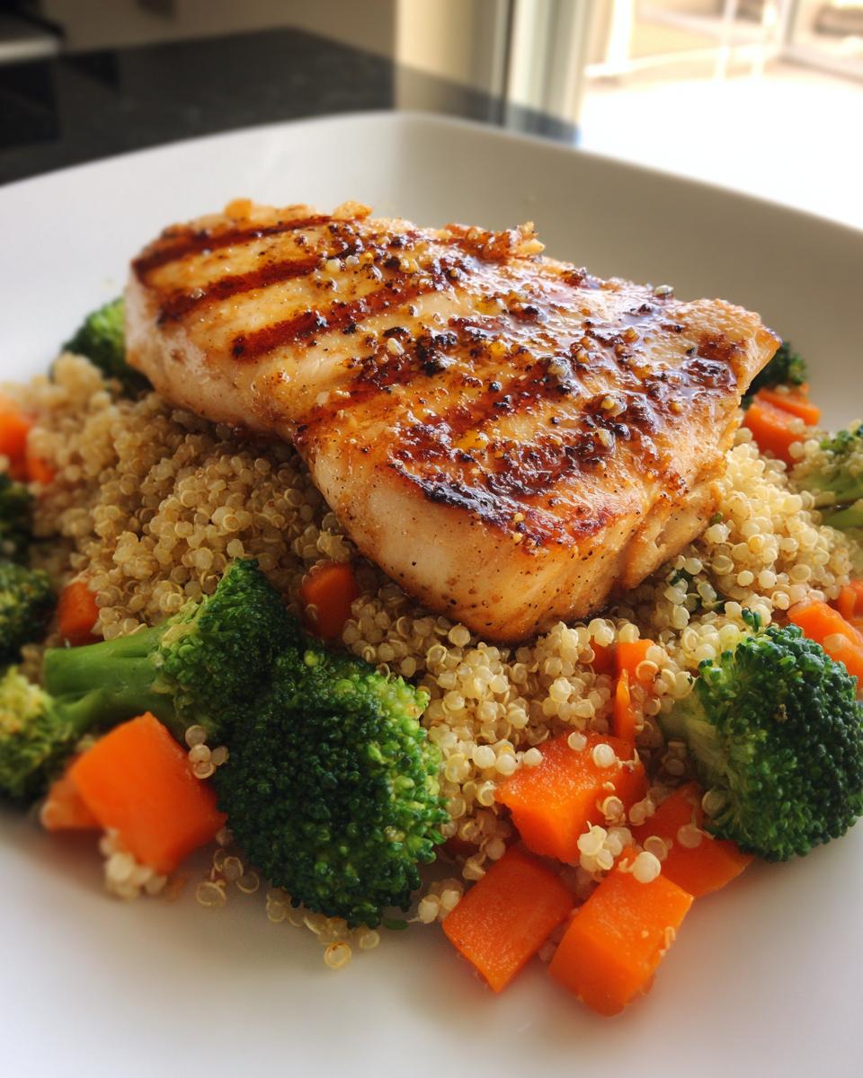 Filete de pescado a la parrilla sobre quinoa con brócoli y zanahorias, receta alta en proteinas