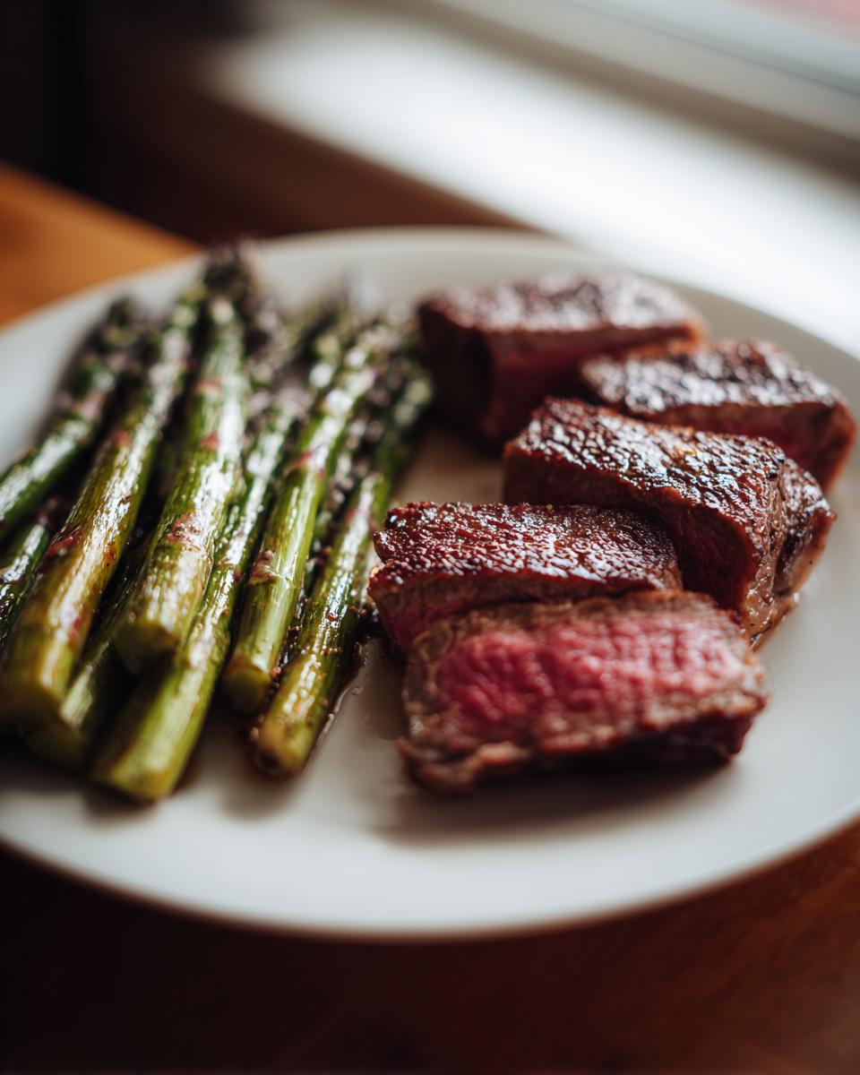 Plato con filete de res jugoso y espárragos asados, ideal para recetas de san valentin para dos