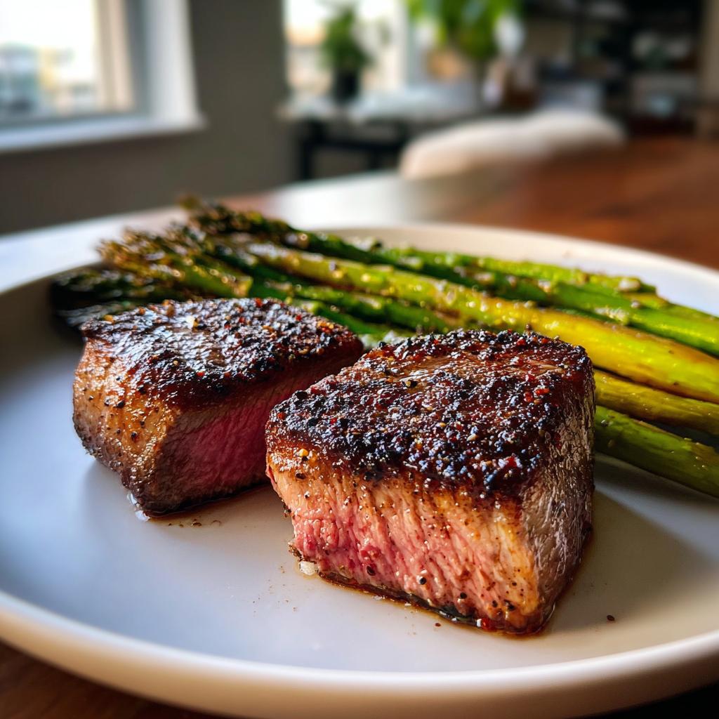 Filetes jugosos acompañados de espárragos verdes en un plato blanco, receta de San Valentín para dos.