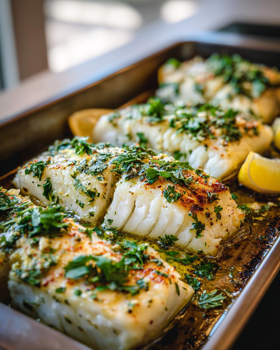 Filetes de pescado al horno cubiertos con hierbas frescas y rodajas de limón en bandeja de horno