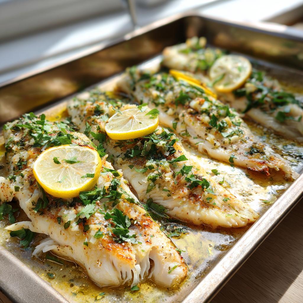 Filetes de pescado al horno con rodajas de limón y hierbas frescas en bandeja metálica