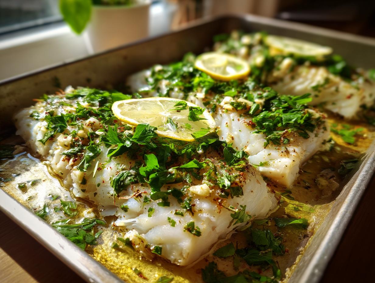 Filetes de pescado al horno con rodajas de limón y hierbas frescas en bandeja metálica
