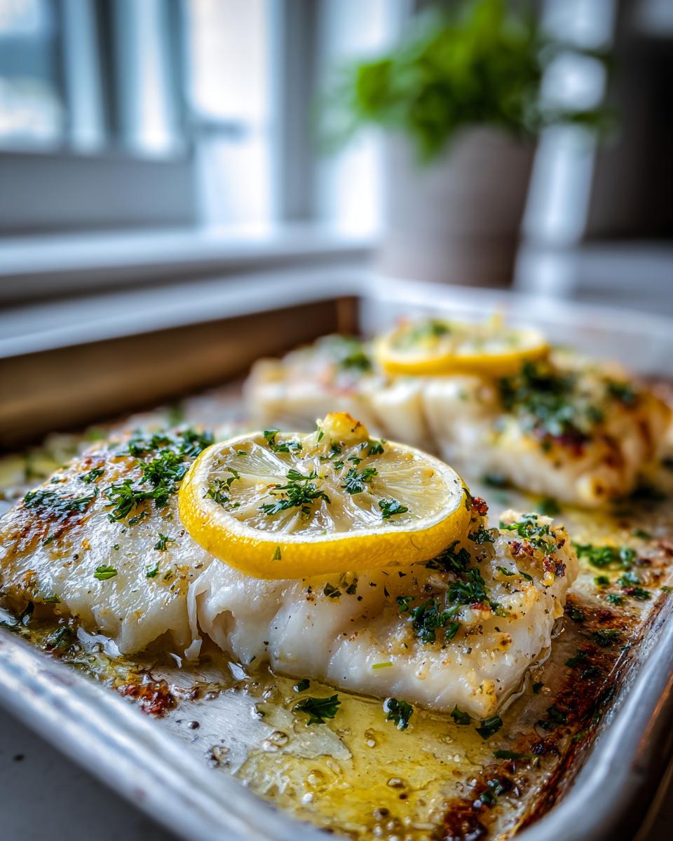 Filetes de pescado al horno con rodajas de limón y hierbas frescas en bandeja metálica