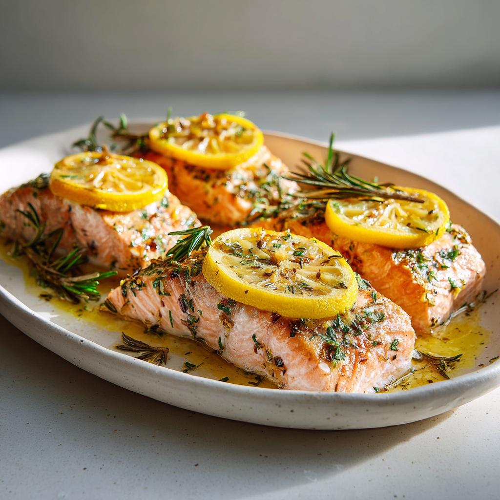 Filetes de salmón con rodajas de limón y hierbas frescas en plato blanco
