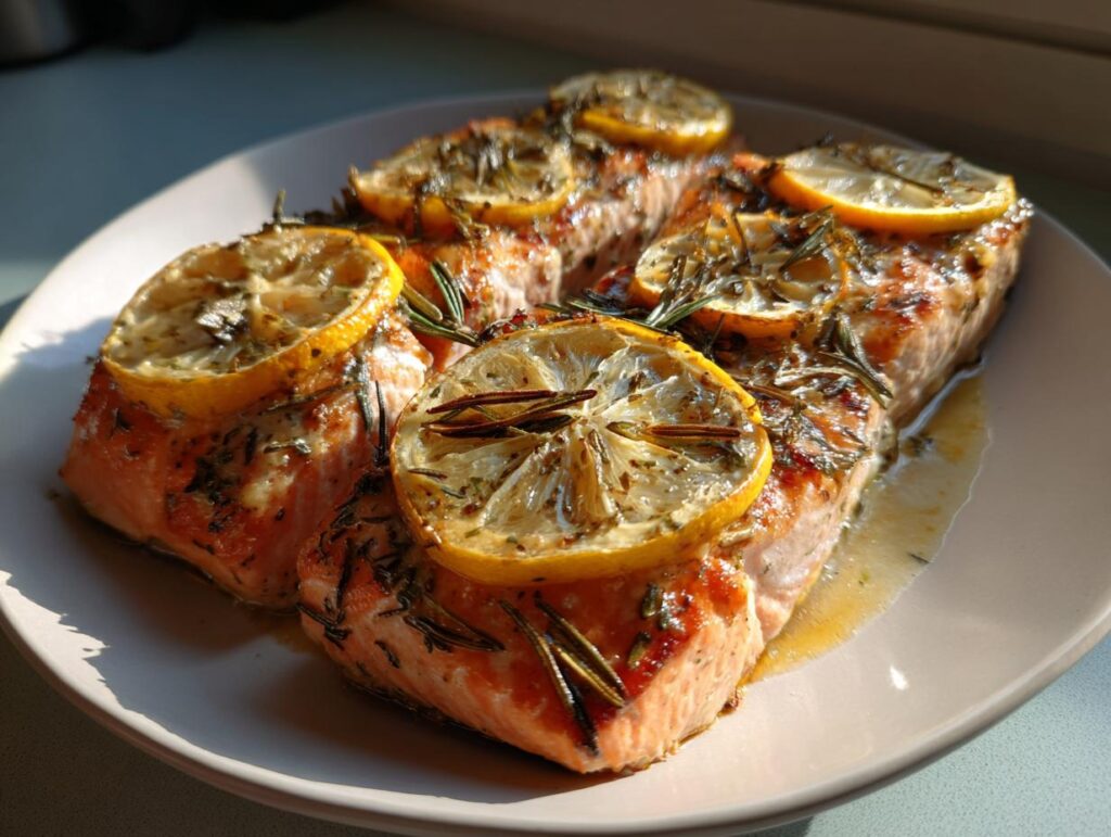 Filetes de salmón cocinados con rodajas de limón y hierbas frescas en un plato blanco