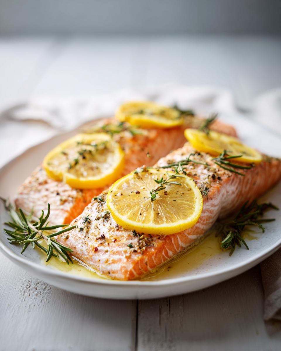 Filetes de salmón con rodajas de limón y hierbas frescas en un plato blanco.