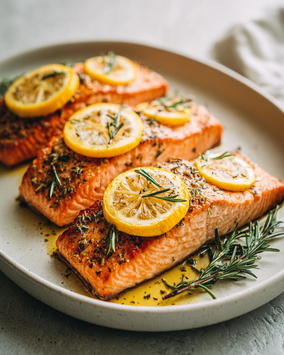 Tres filetes de salmón con rodajas de limón y hierbas en plato blanco