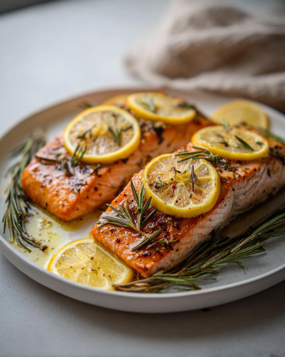 Filetes de salmón con rodajas de limón y ramitas de romero en plato blanco
