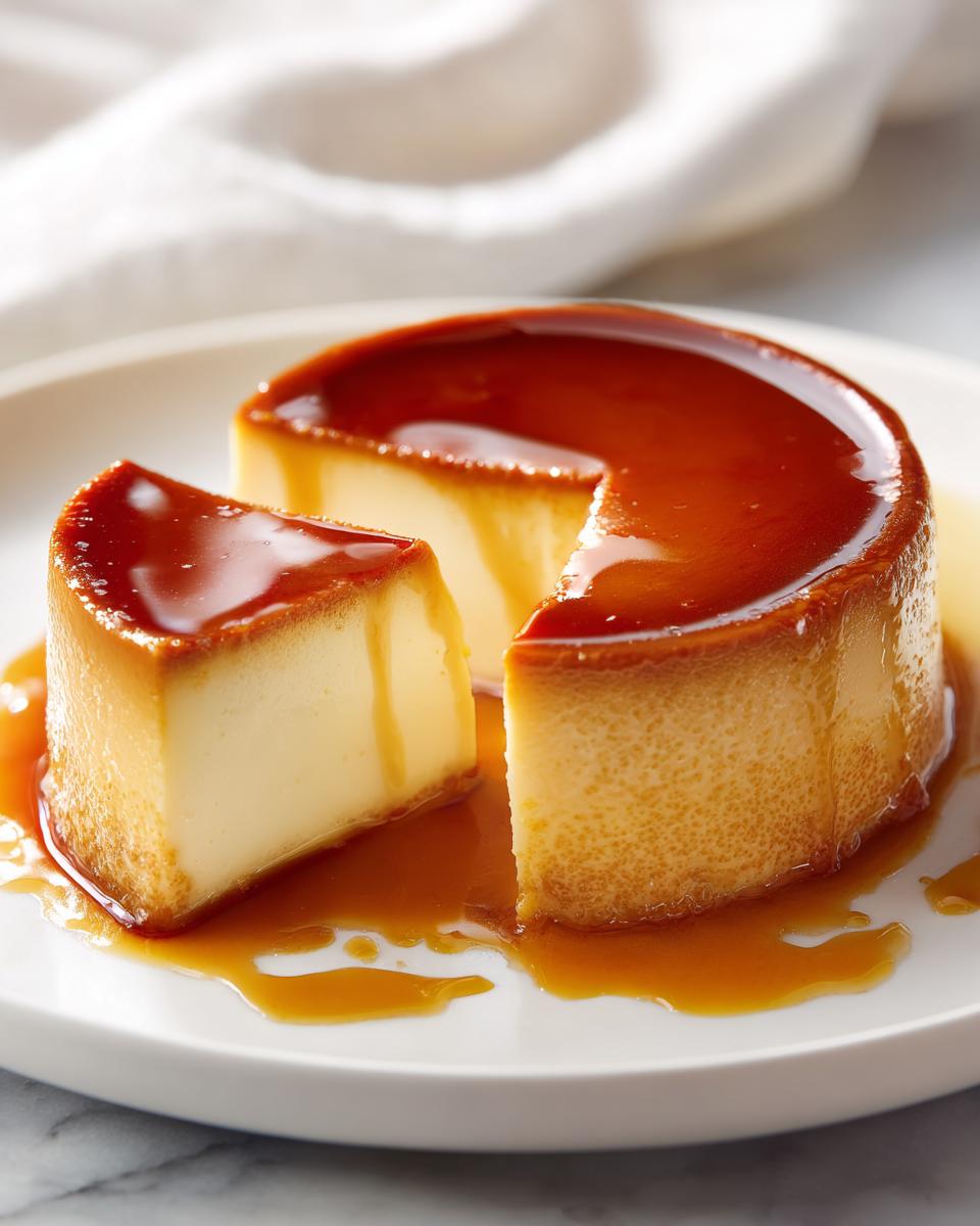 Flan casero tradicional con una porción cortada y caramelo líquido en plato blanco.