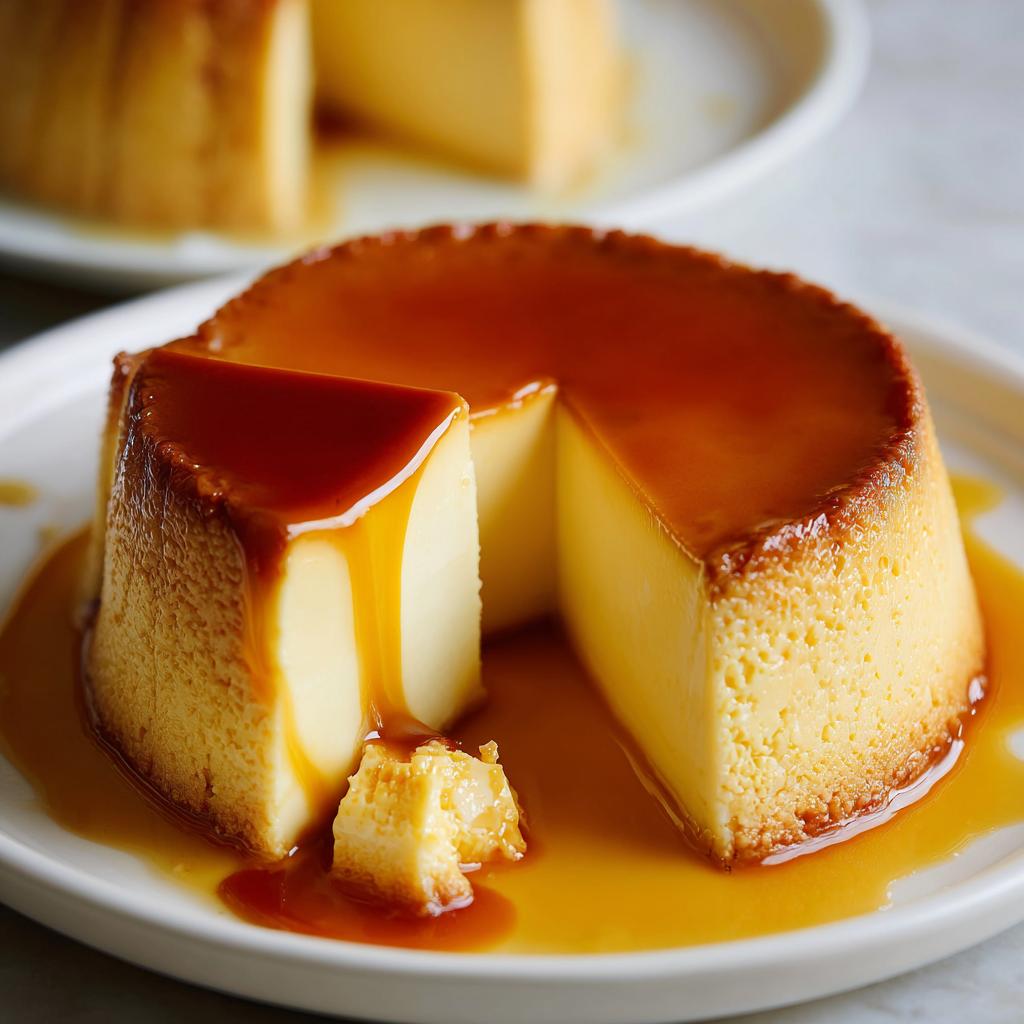 Flan casero tradicional con una porción cortada y caramelo líquido en plato blanco