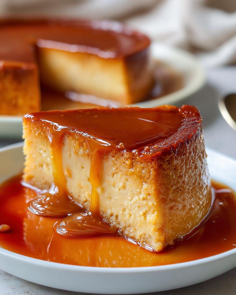 Rebanada de flan casero tradicional con caramelo líquido en plato blanco.
