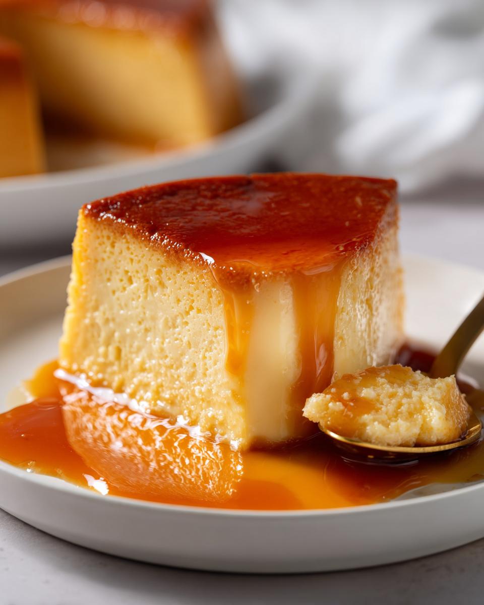 Porción de flan casero tradicional con caramelo líquido en plato blanco