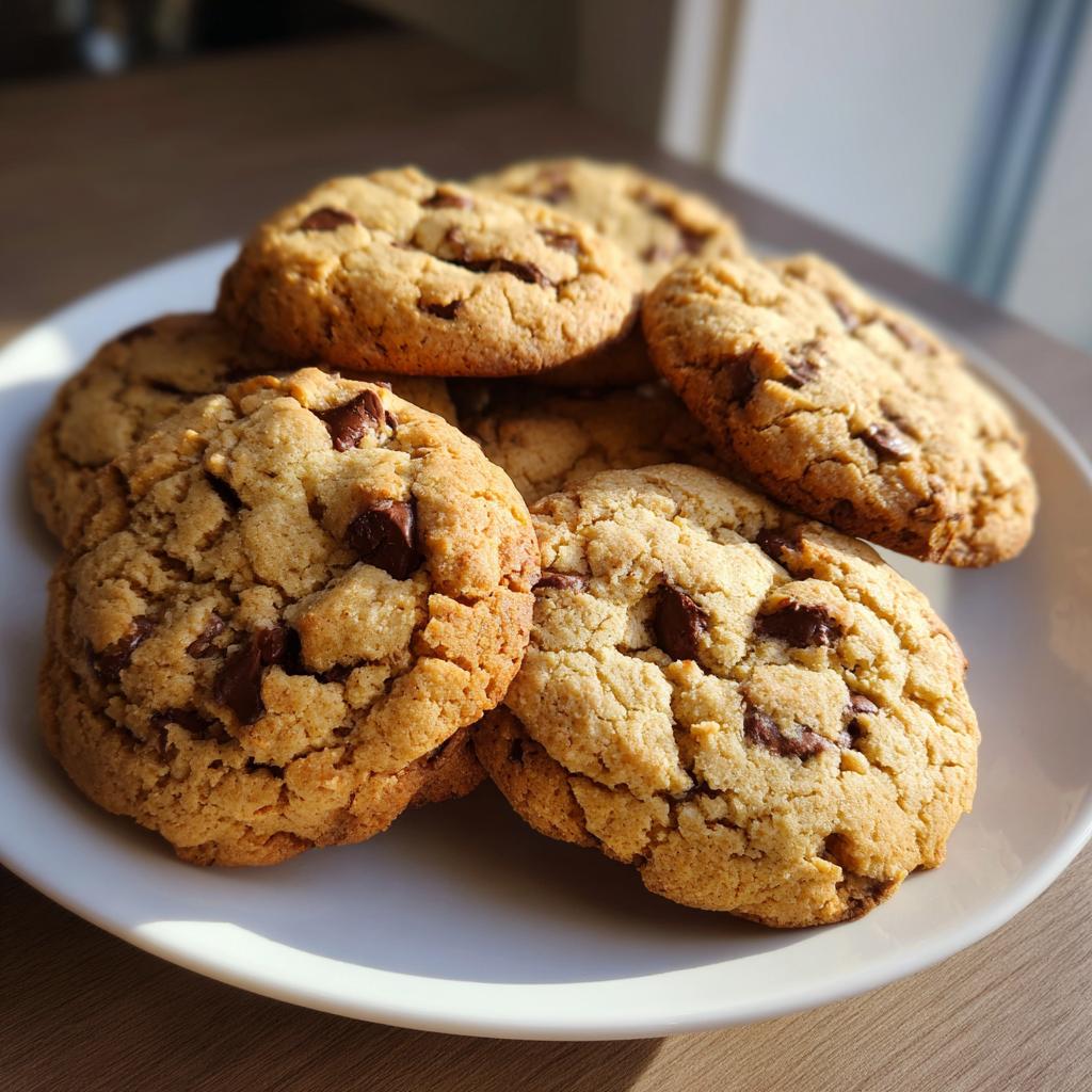 Plato con varias galletas caseras con chispas de chocolate doradas y crujientes