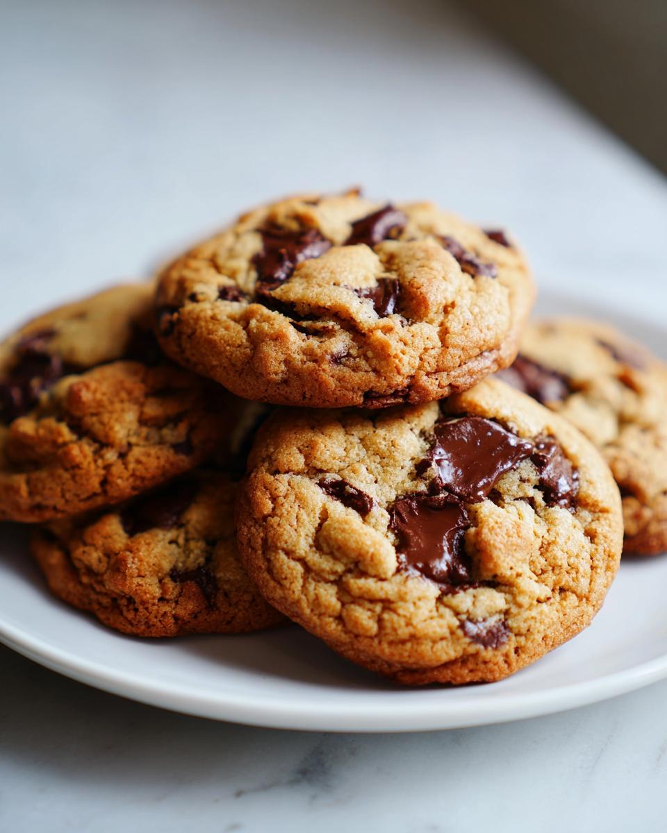 Galletas caseras con chispas de chocolate apiladas en un plato blanco sobre mesa clara.