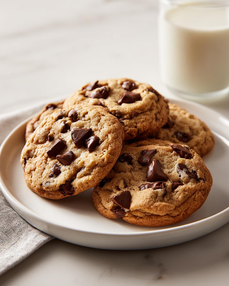 Plato con varias galletas caseras con chispas de chocolate y vaso de leche al fondo