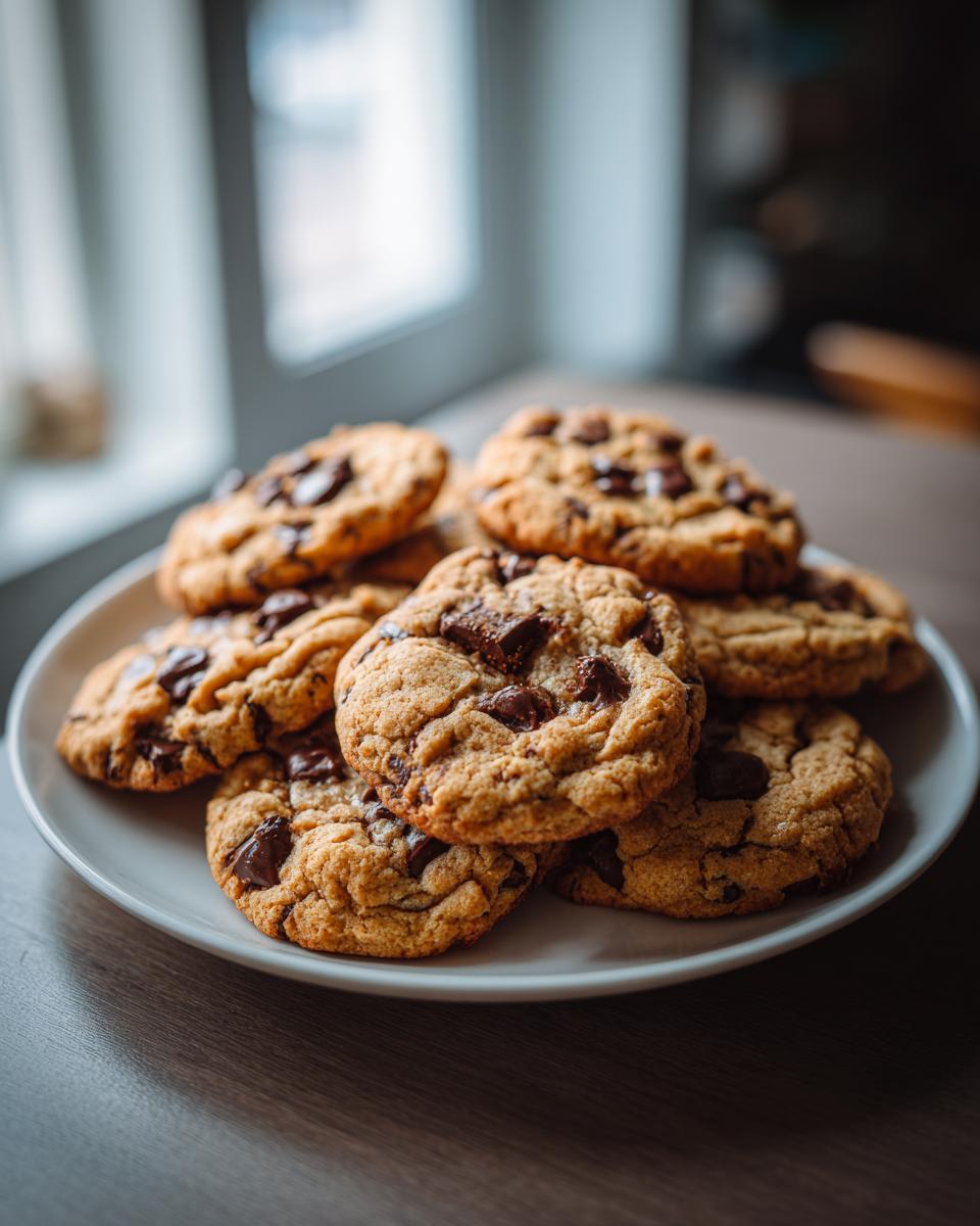 Galletas caseras con chispas de chocolate apiladas en un plato blanco sobre una mesa
